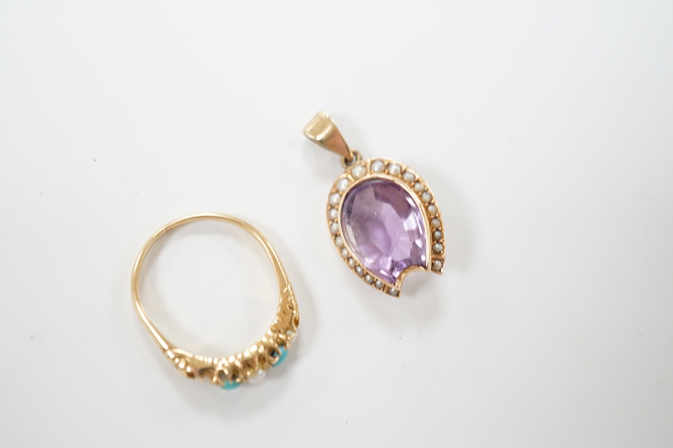 An early 20th century yellow metal and graduated split pearl and turquoise set half hoop ring, size M together with a yellow metal and amethyst set pendant, gross weight 5.6 grams.